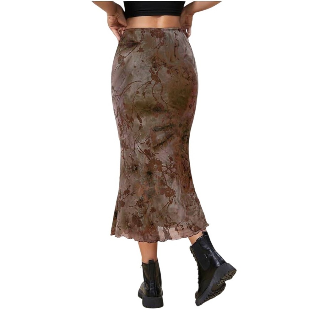 Verdusa Fishtail Mesh Midi Skirt Womens M Brown Floral Lettuce Goth Grunge Indie - Picture 7 of 16